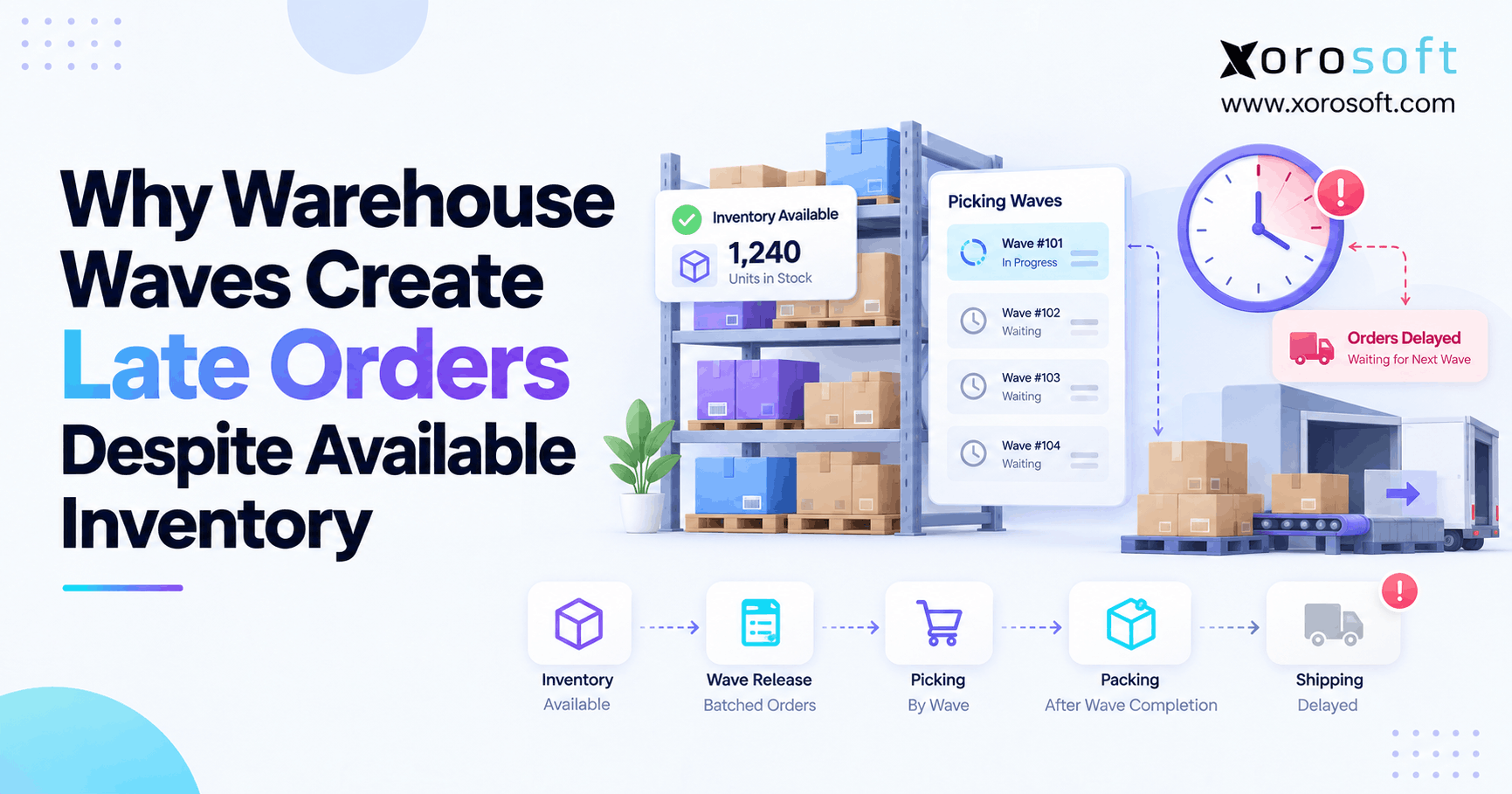 Why Warehouse Waves Create Late Orders Despite Available Inventory Wave picking delays causing late warehouse orders despite available inventory and approaching shipping deadlines.