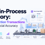 Work in process inventory showing production transactions, material consumption, and financial reporting in an integrated ERP system.
