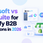 Blog banner showing Xorosoft vs NetSuite for Shopify B2B operations in 2026 with ERP dashboards, Shopify store icon, and warehouse graphics.